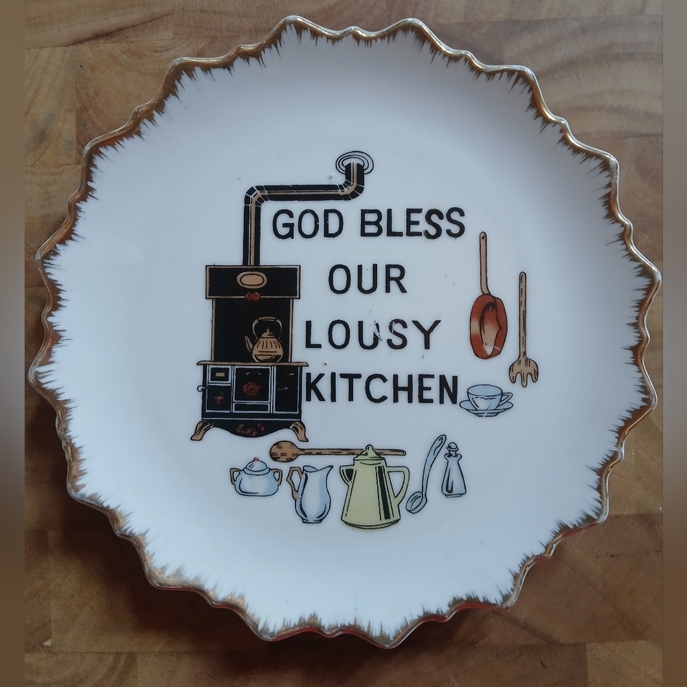 Vtg "God Bless Our Lousy Kitchen" Gold Trim Decorative Plate Kitsch Farmhouse - Picture 2 of 6